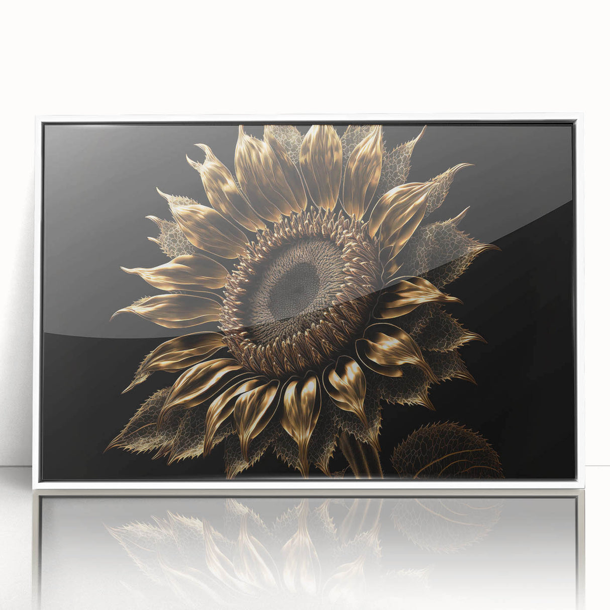 Framed botanical wall art showcasing a vibrant sunflower design in a white border, ideal for home decor, adding a touch of nature and elegance to any room.