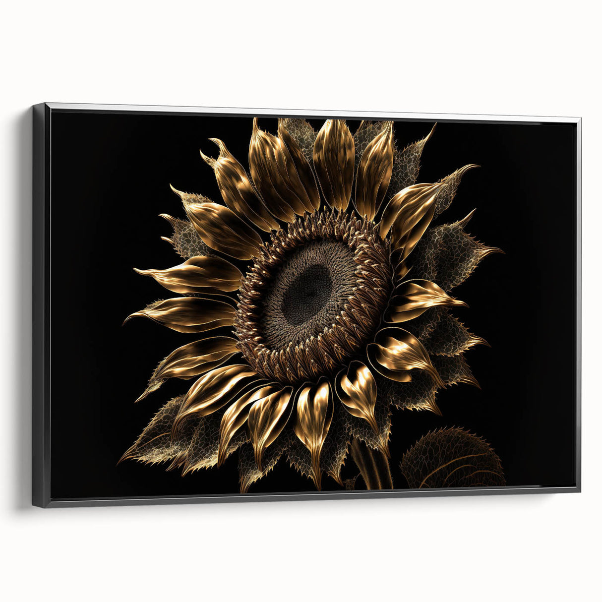 Framed canvas wall art showcasing a vibrant botanical sunflower design with a sleek black frame, perfect for adding a touch of nature to home decor.