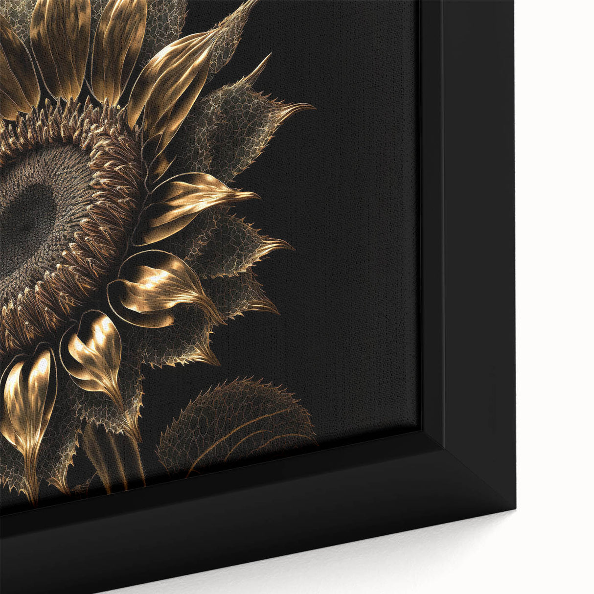 Close-up of a framed canvas wall art featuring a vibrant sunflower design with intricate petal details, perfect for brightening home decor or office spaces.