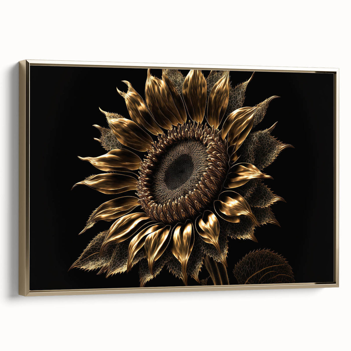 Framed botanical wall art featuring a vibrant sunflower design on canvas, elegantly displayed with a gold frame, perfect for home decor enhancement.
