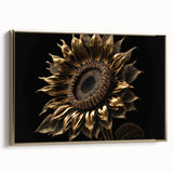 Framed botanical wall art featuring a vibrant sunflower design on canvas, elegantly displayed with a gold frame, perfect for home decor enhancement.