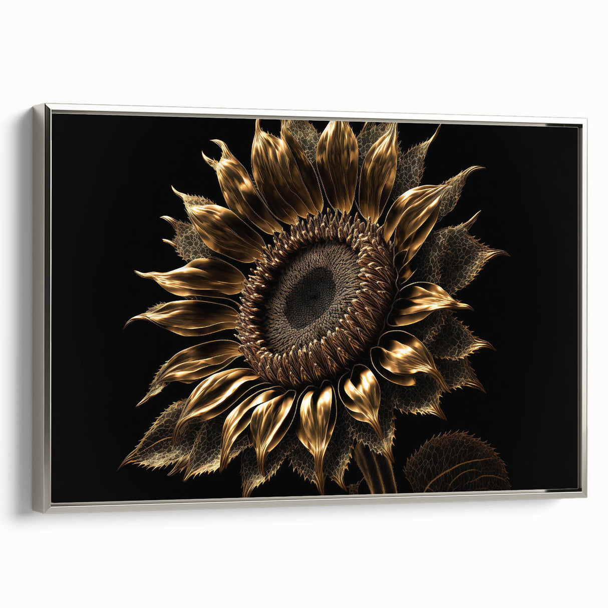 Framed canvas wall art featuring a vibrant botanical sunflower design, elegantly displayed with a silver frame, ideal for home decor and brightening living spaces.
