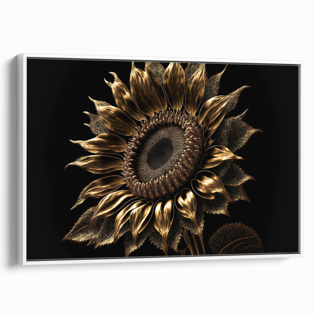 Framed botanical wall art featuring vibrant sunflowers on a textured canvas, showcasing a white frame and side view, ideal for home decor and floral enthusiasts.