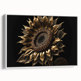 Framed botanical wall art featuring vibrant sunflowers on a textured canvas, showcasing a white frame and side view, ideal for home decor and floral enthusiasts.