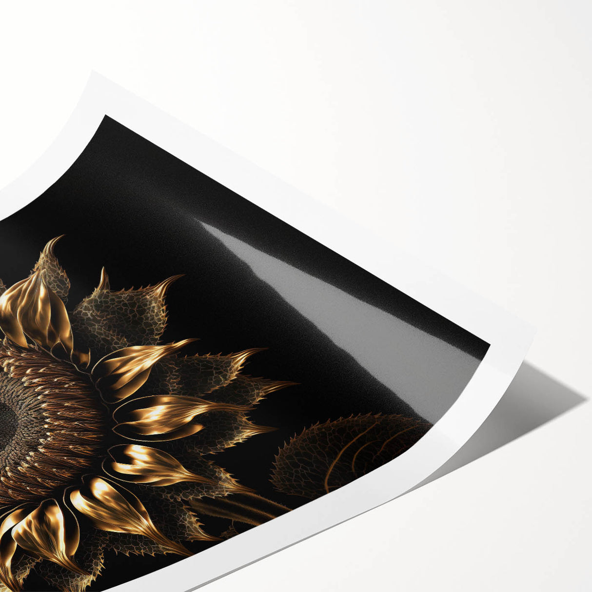 Vibrant botanical wall art print featuring a detailed sunflower design, rolled and ready for framing, showcasing bright yellow petals and intricate textures.