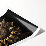 Vibrant botanical wall art print featuring a detailed sunflower design, rolled and ready for framing, showcasing bright yellow petals and intricate textures.