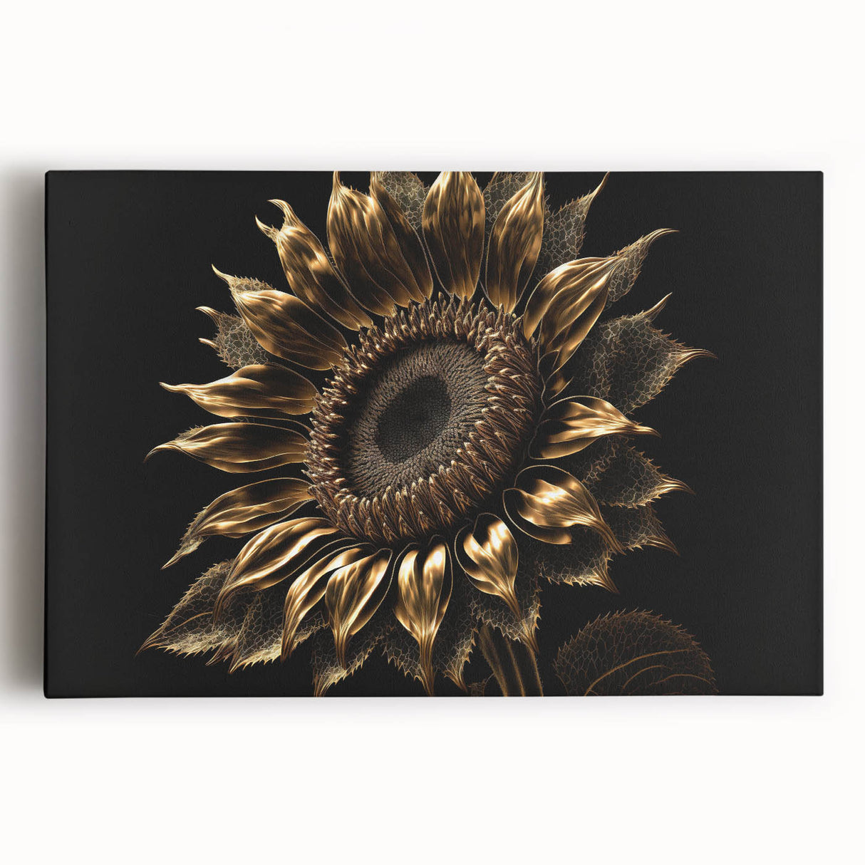Stretched canvas wall art featuring a vibrant botanical sunflower design with rich yellow petals and green leaves, perfect for brightening home decor.