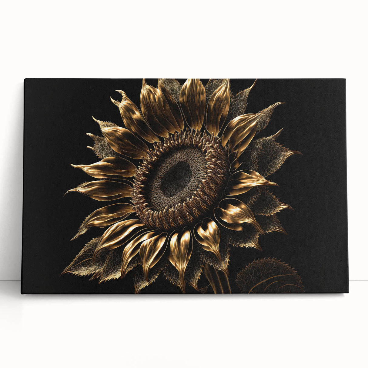 Botanical wall art featuring a vibrant sunflower design on stretched canvas, showcasing bold yellow petals and green foliage, perfect for brightening home decor.