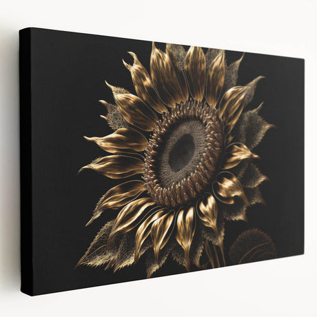 Stretched canvas wall art showcasing a vibrant botanical sunflower design, viewed from the side, featuring rich yellows and greens perfect for brightening any room.