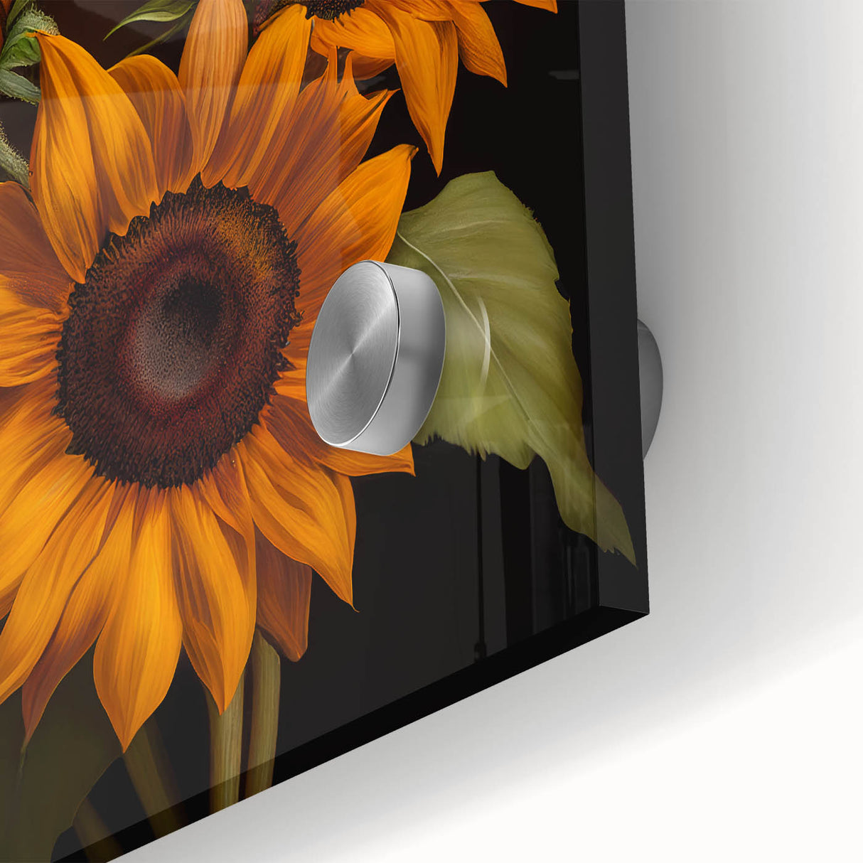 Close-up of a vibrant sunflower botanical wall art piece, showcasing intricate details and rich colors, perfect for brightening any living space or office decor.