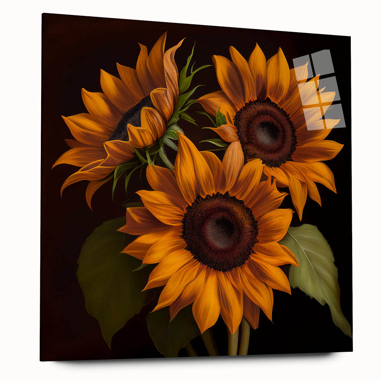 Acrylic glass wall art showcasing a vibrant sunflower design in a botanical theme, viewed from the side. Perfect for brightening up any room's decor.