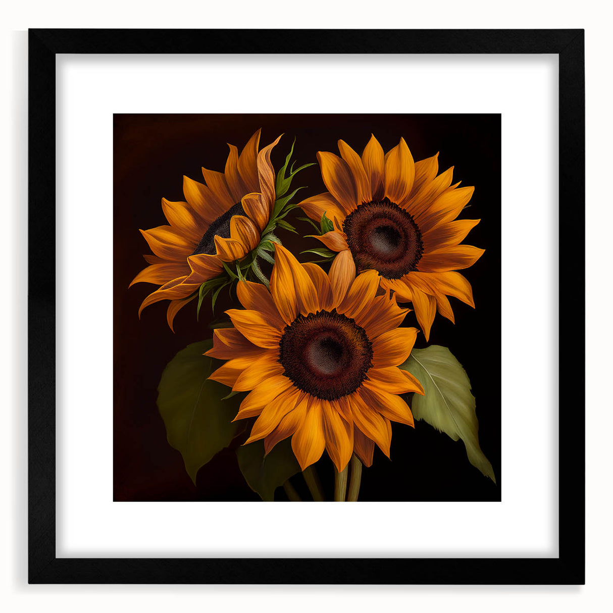 Black-framed wall art featuring a vibrant botanical sunflower design with intricate details, perfect for adding a touch of nature to home decor.