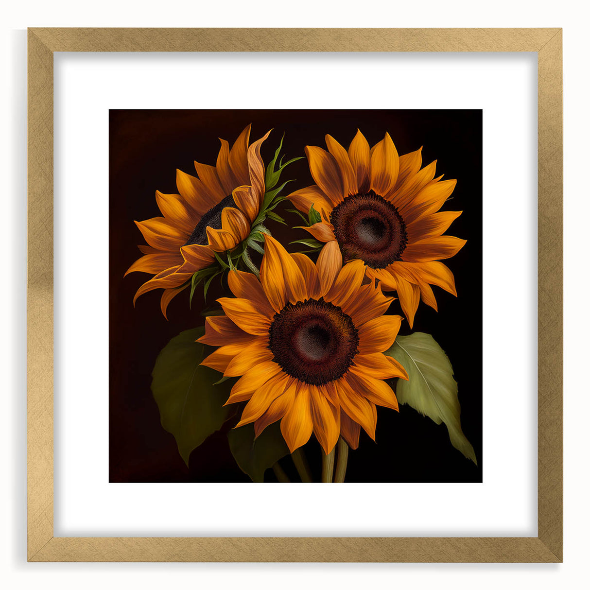 Botanical wall art featuring a vibrant sunflower design in a gold frame, elegantly matted, perfect for home decor and enhancing interior aesthetics.