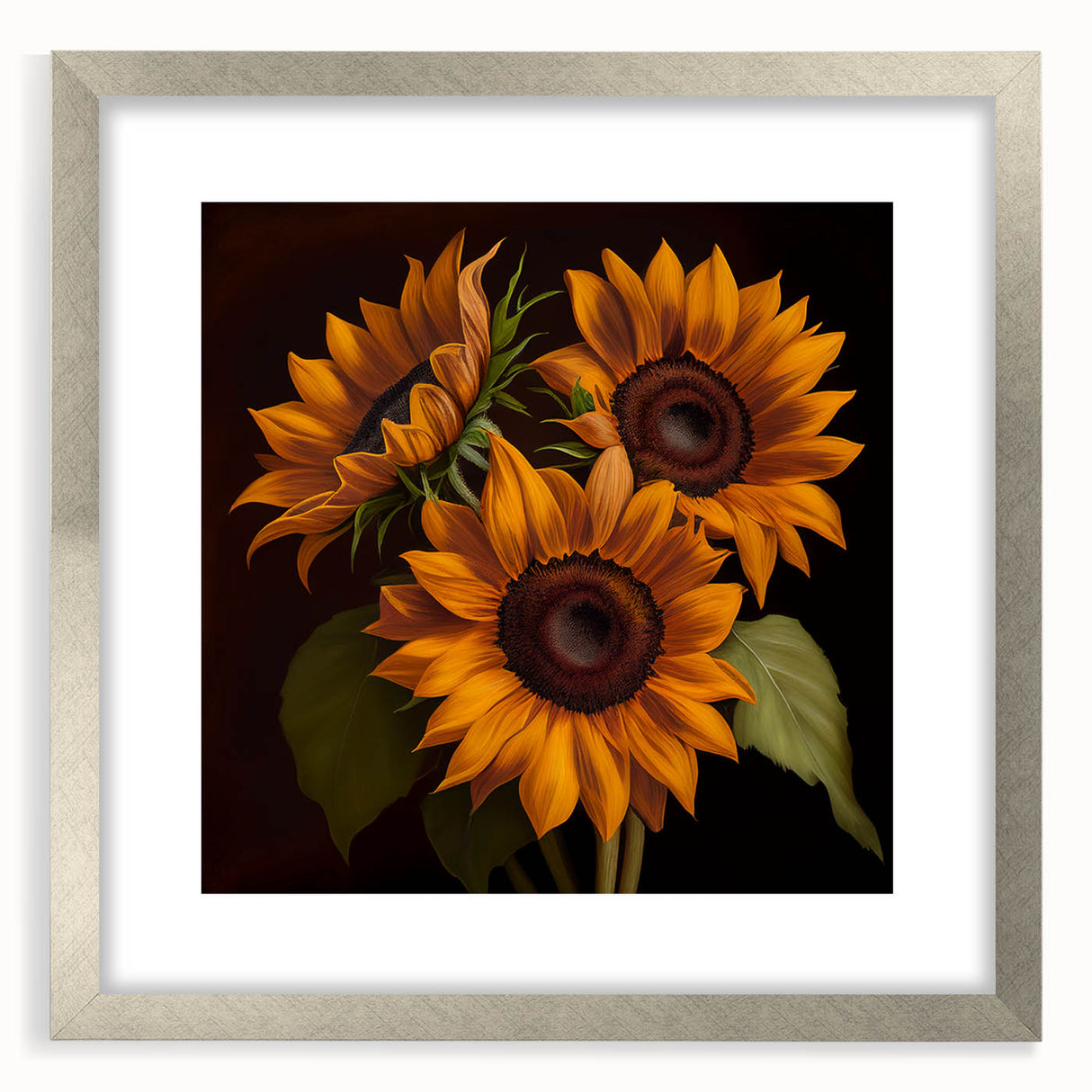 Framed botanical wall art featuring a detailed sunflower design, set in a silver frame with a mat, perfect for enhancing home decor with a touch of nature.