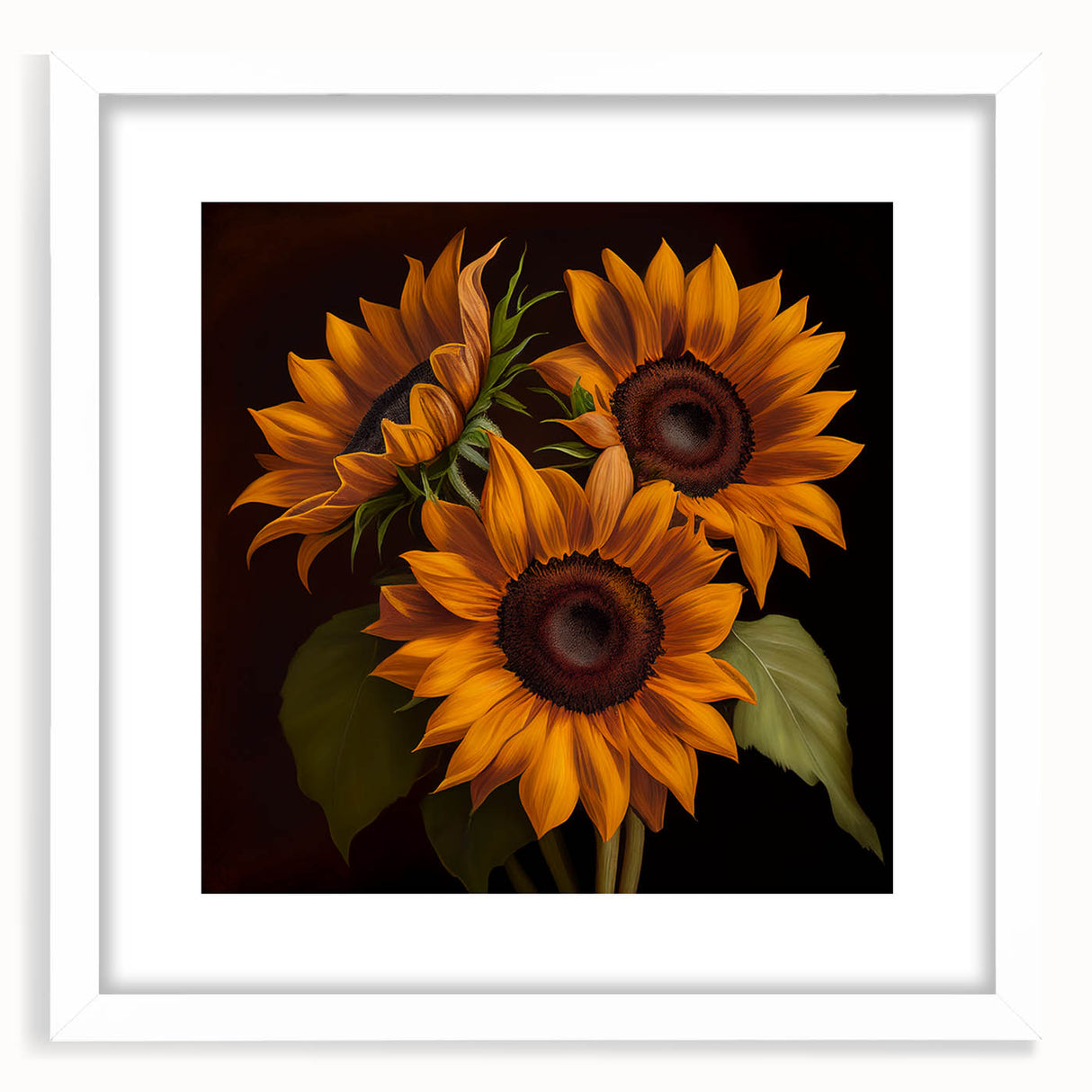 Botanical wall art featuring a vibrant sunflower design in a sleek white frame with a mat, ideal for brightening home decor and adding a touch of nature.