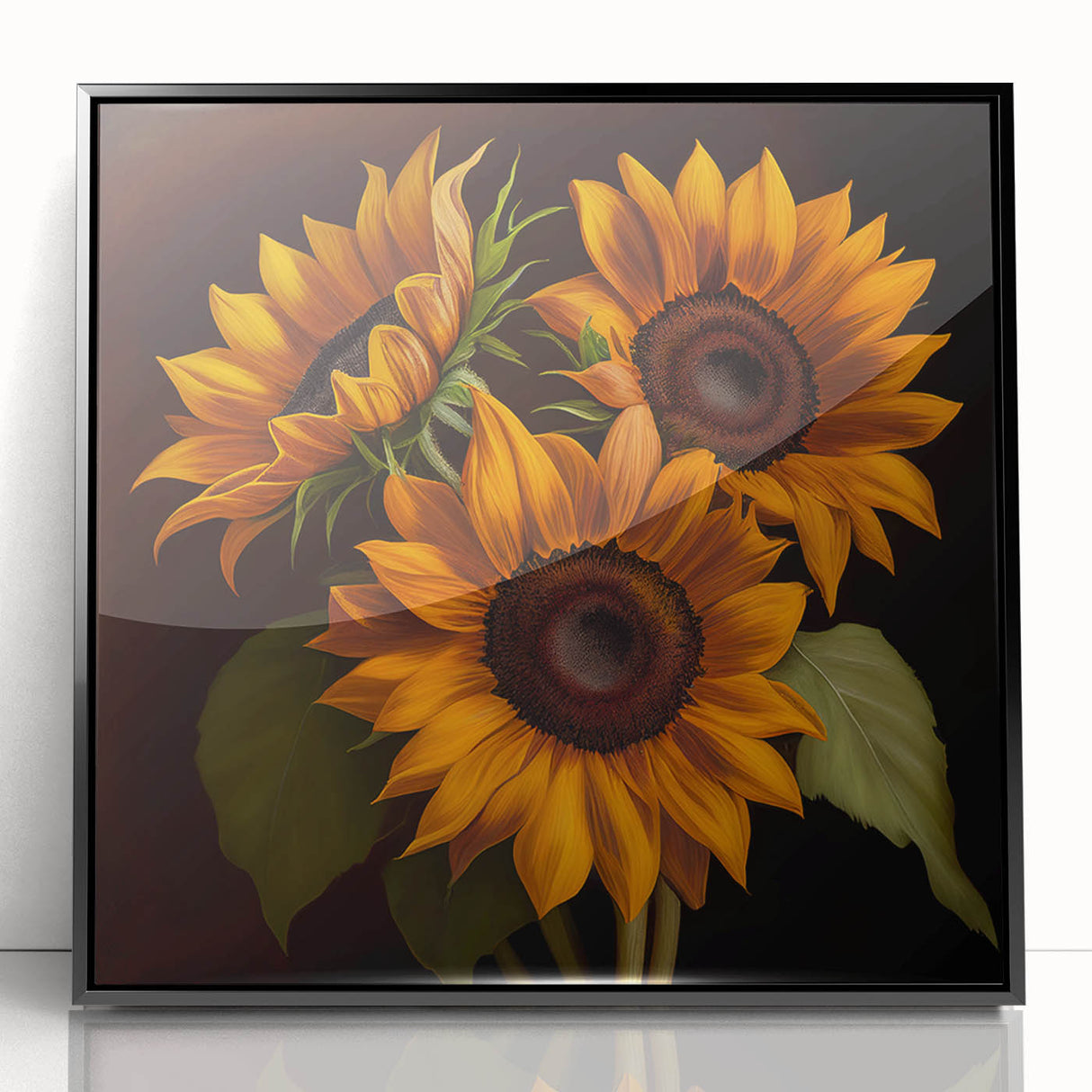 Framed acrylic wall art featuring a vibrant sunflower design, set against a sleek black frame, ideal for adding a pop of color to home decor. Perfect for nature enthusiasts.