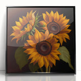 Framed acrylic wall art featuring a vibrant sunflower design, set against a sleek black frame, ideal for adding a pop of color to home decor. Perfect for nature enthusiasts.