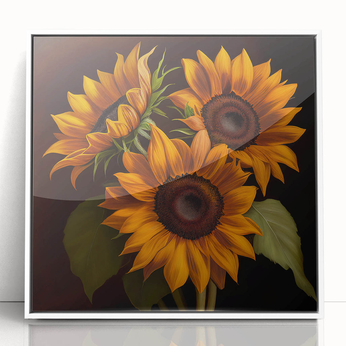 Framed acrylic wall art featuring a vibrant botanical sunflower design, showcasing intricate details and bright yellow petals against a white background, perfect for home decor.