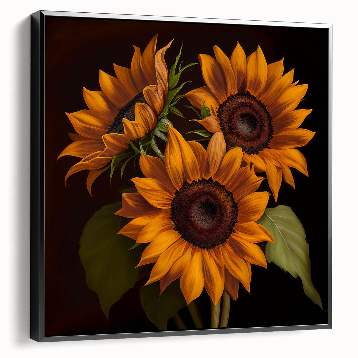 Framed canvas wall art showcasing a botanical sunflower design with vibrant yellow petals against a black background, perfect for adding a modern touch to home decor.