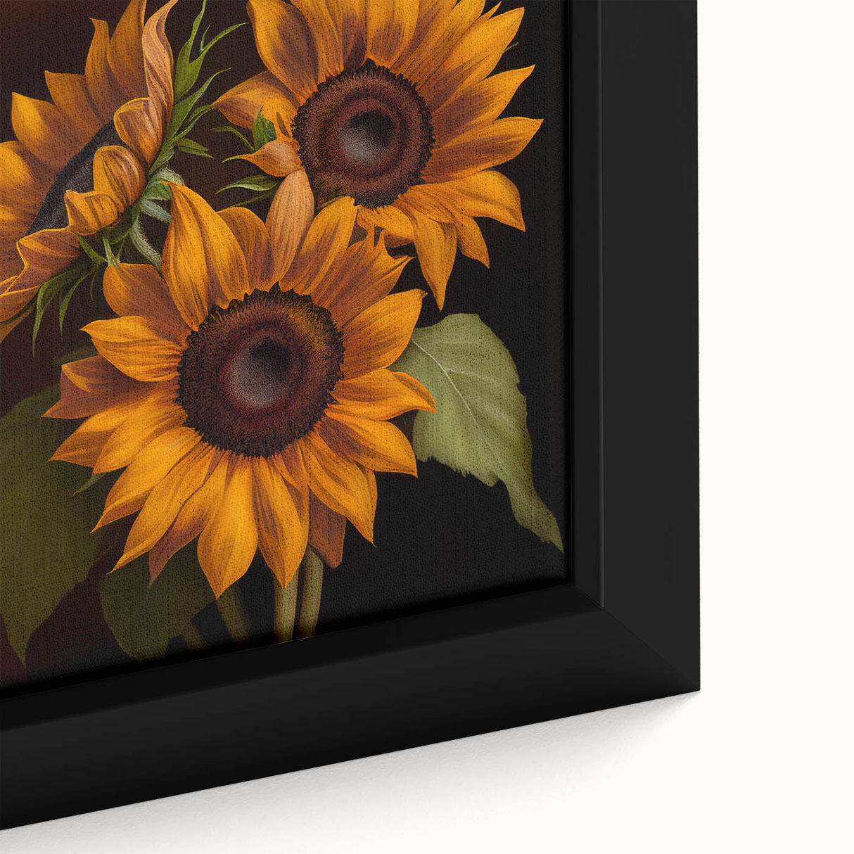 Close-up of a vibrant sunflower botanical wall art design on framed canvas, showcasing intricate details of petals and textures, perfect for home decor.