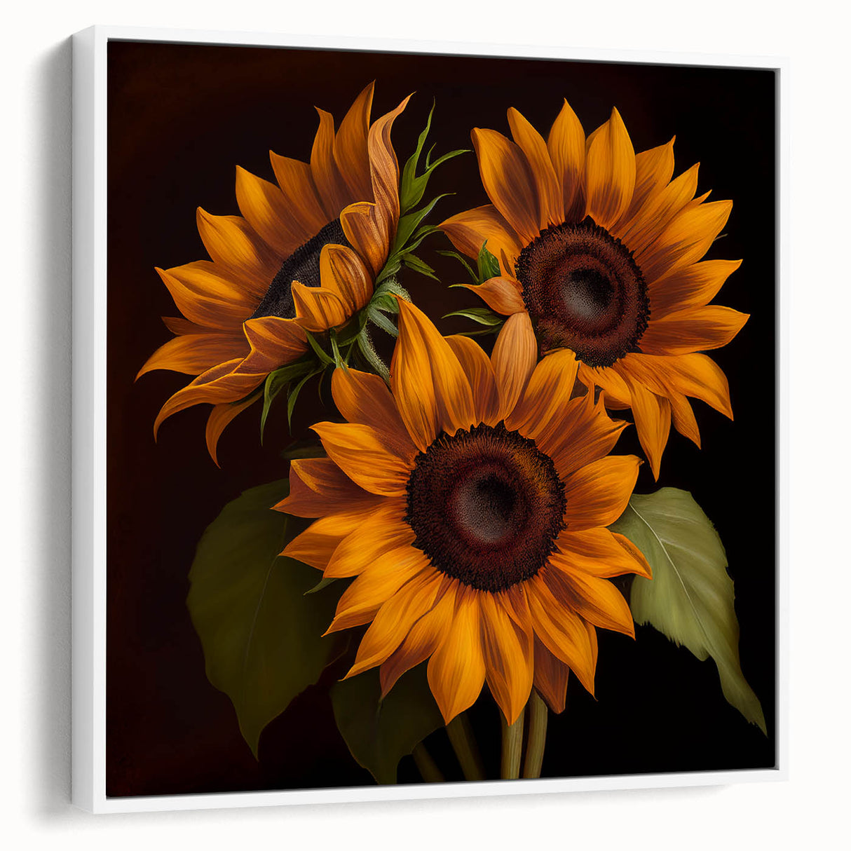 Framed canvas wall art showcasing a vibrant botanical sunflower design, featuring rich yellow and green hues, presented in a clean white frame, ideal for home decor.