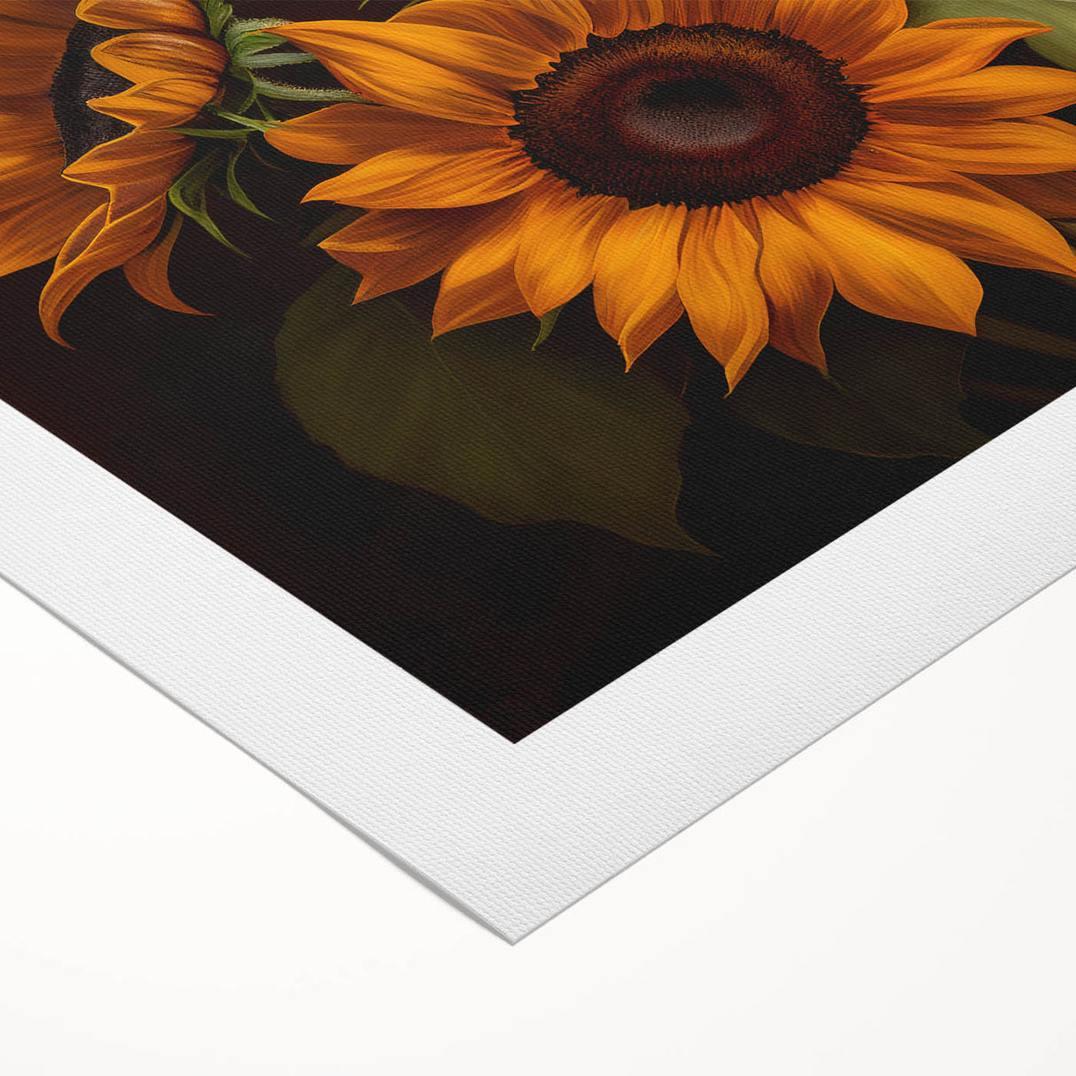 Vibrant rolled canvas wall art showcasing a detailed botanical sunflower design, perfect for home decor, highlighting its bright yellow petals and green leaves.