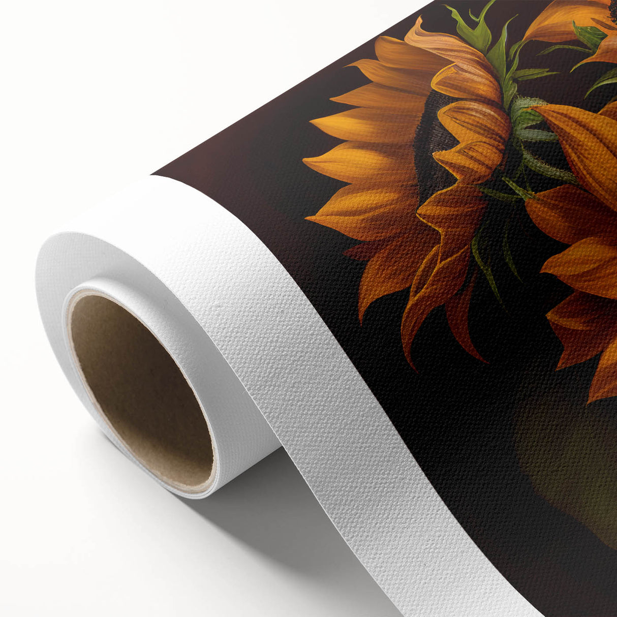Vibrant rolled canvas showcasing a detailed botanical sunflower design, perfect for home decor, highlighting bright yellows and greens in a textured finish.