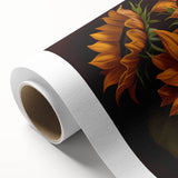 Vibrant rolled canvas showcasing a detailed botanical sunflower design, perfect for home decor, highlighting bright yellows and greens in a textured finish.