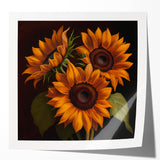 Botanical wall art print showcasing vibrant sunflowers on a textured background, rolled and ready for display, ideal for adding a cheerful touch to home decor.