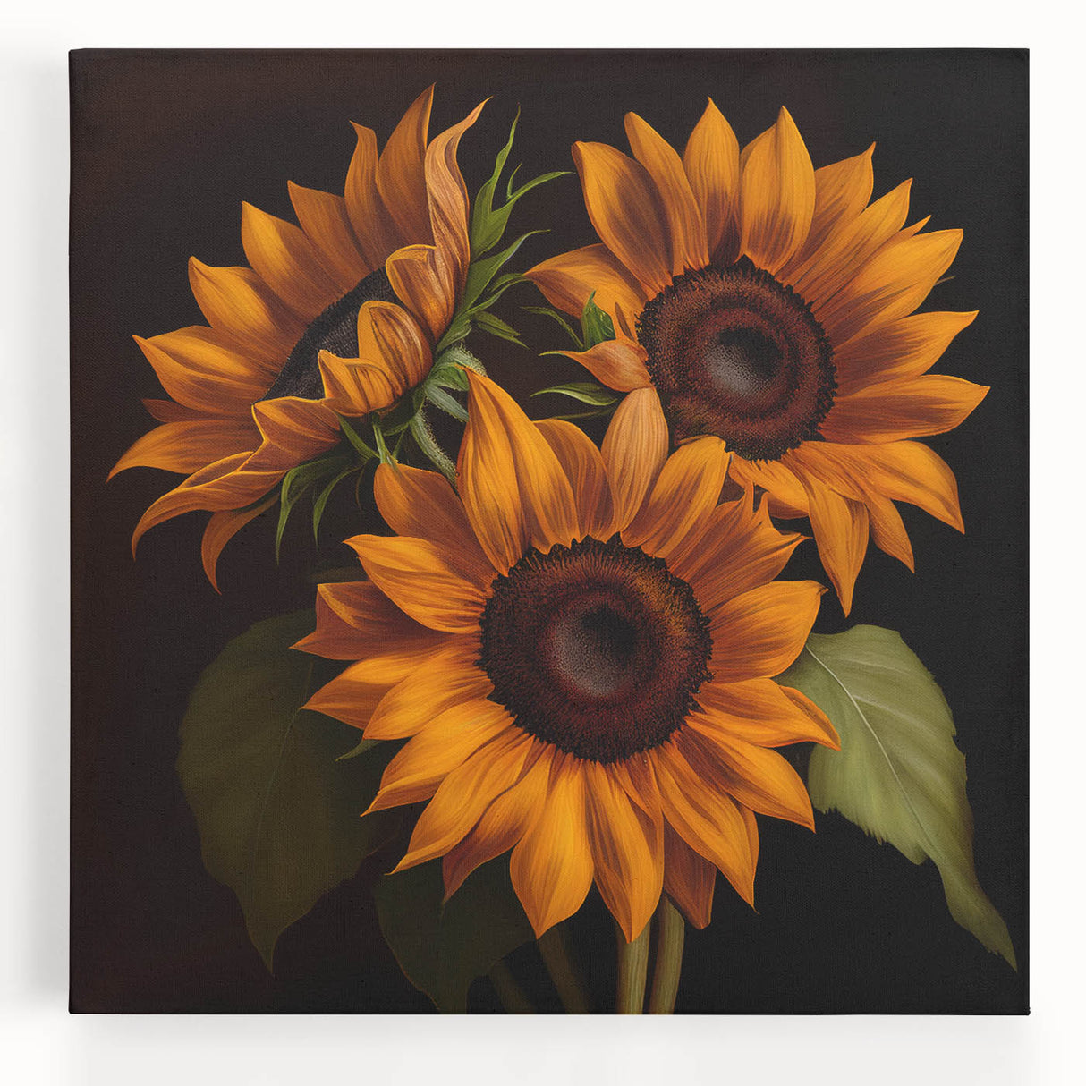Stretched canvas wall art featuring a vibrant botanical sunflower design in bright yellows and greens, perfect for enhancing home decor with a cheerful touch. Ideal for living spaces or art enthusiasts looking to add natural beauty.