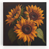 Stretched canvas wall art featuring a vibrant botanical sunflower design in bright yellows and greens, perfect for enhancing home decor with a cheerful touch. Ideal for living spaces or art enthusiasts looking to add natural beauty.