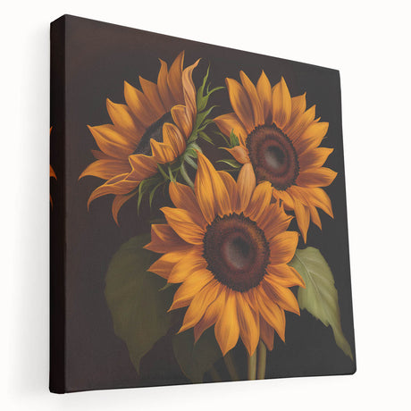 Stretched canvas wall art showcasing a vibrant sunflower design in a botanical style, featuring rich yellow petals and a textured finish, ideal for home decor.