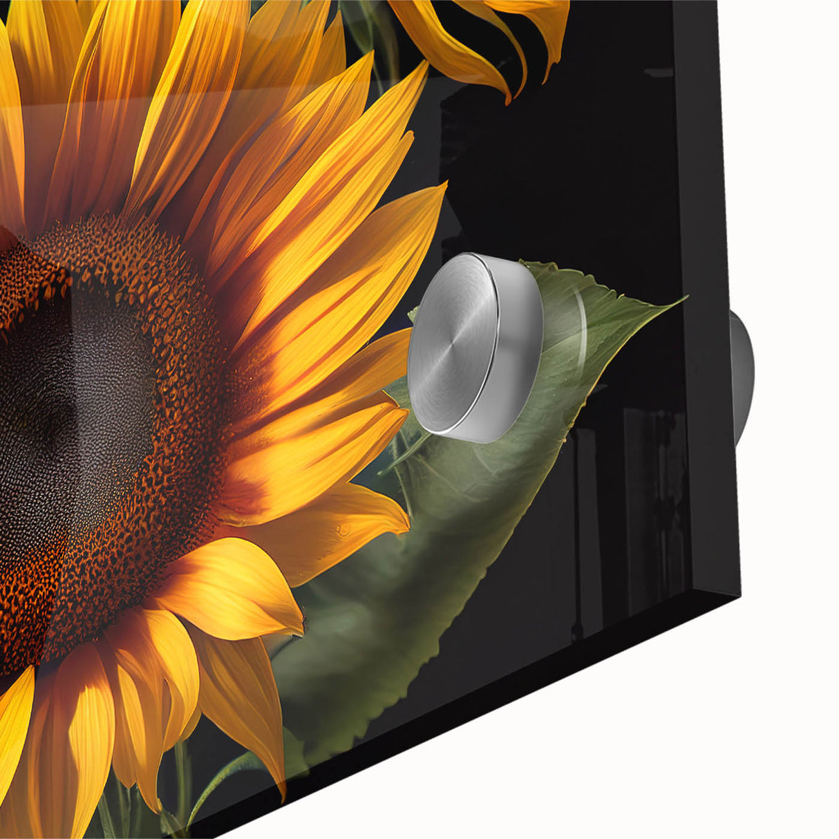 Close-up of a vibrant sunflower wall art design featuring intricate botanical details, set against a smooth acrylic glass background, ideal for home decor.