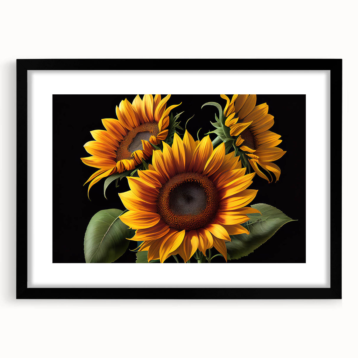 Botanical wall art featuring a vibrant sunflower design, elegantly framed in black with a mat, ideal for enhancing home decor with a touch of nature. This stunning piece showcases intricate details and bright colors, perfect for art enthusiasts and nature lovers.