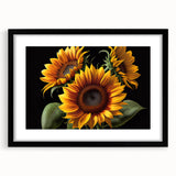 Botanical wall art featuring a vibrant sunflower design, elegantly framed in black with a mat, ideal for enhancing home decor with a touch of nature. This stunning piece showcases intricate details and bright colors, perfect for art enthusiasts and nature lovers.