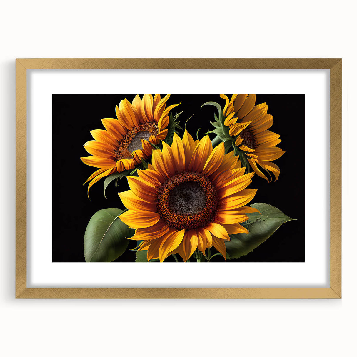 Botanical wall art featuring a vibrant sunflower design framed in gold, showcasing intricate details and a mat border, ideal for home decor enhancement.