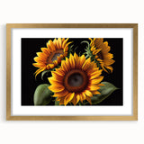 Botanical wall art featuring a vibrant sunflower design framed in gold, showcasing intricate details and a mat border, ideal for home decor enhancement.
