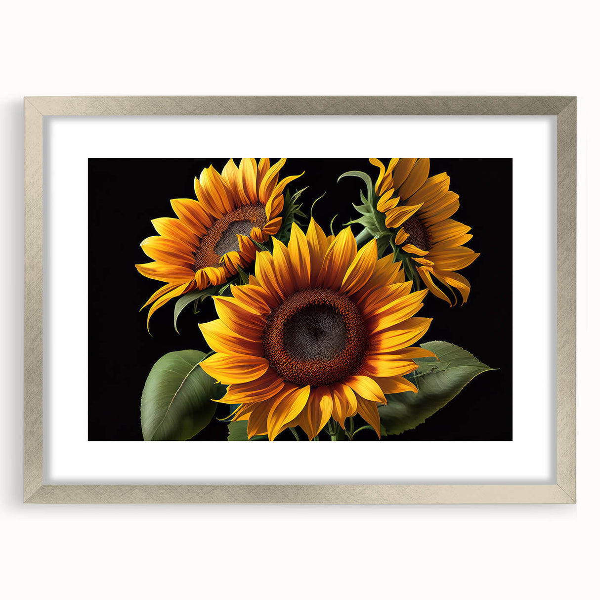 Botanical wall art featuring a beautifully framed sunflower design with a silver mat, showcasing vibrant yellow petals and intricate details, perfect for home decor.