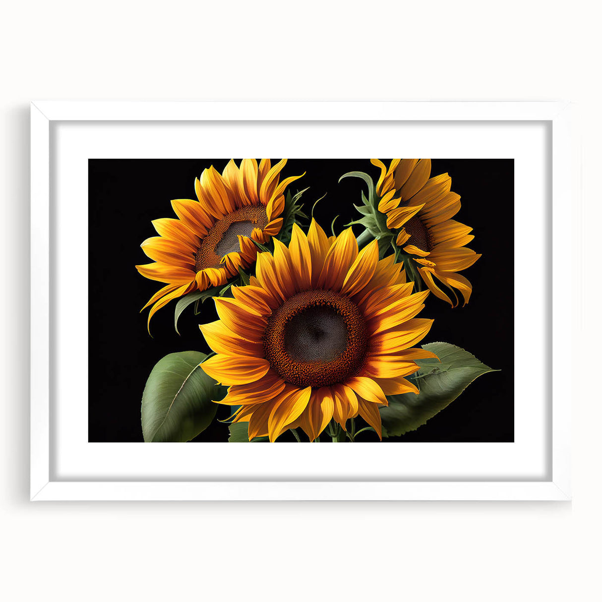 Botanical wall art print featuring a vibrant sunflower design in a sleek white frame, showcasing intricate details and a modern aesthetic, perfect for home decor.