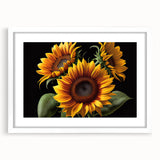 Botanical wall art print featuring a vibrant sunflower design in a sleek white frame, showcasing intricate details and a modern aesthetic, perfect for home decor.