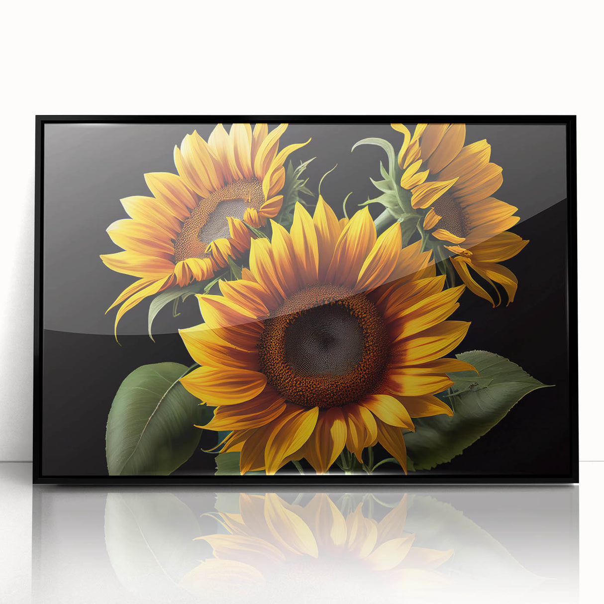 Framed botanical wall art featuring a vibrant sunflower design with a black frame, showcasing intricate details and rich colors, perfect for home decor.