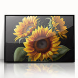 Framed botanical wall art featuring a vibrant sunflower design with a black frame, showcasing intricate details and rich colors, perfect for home decor.