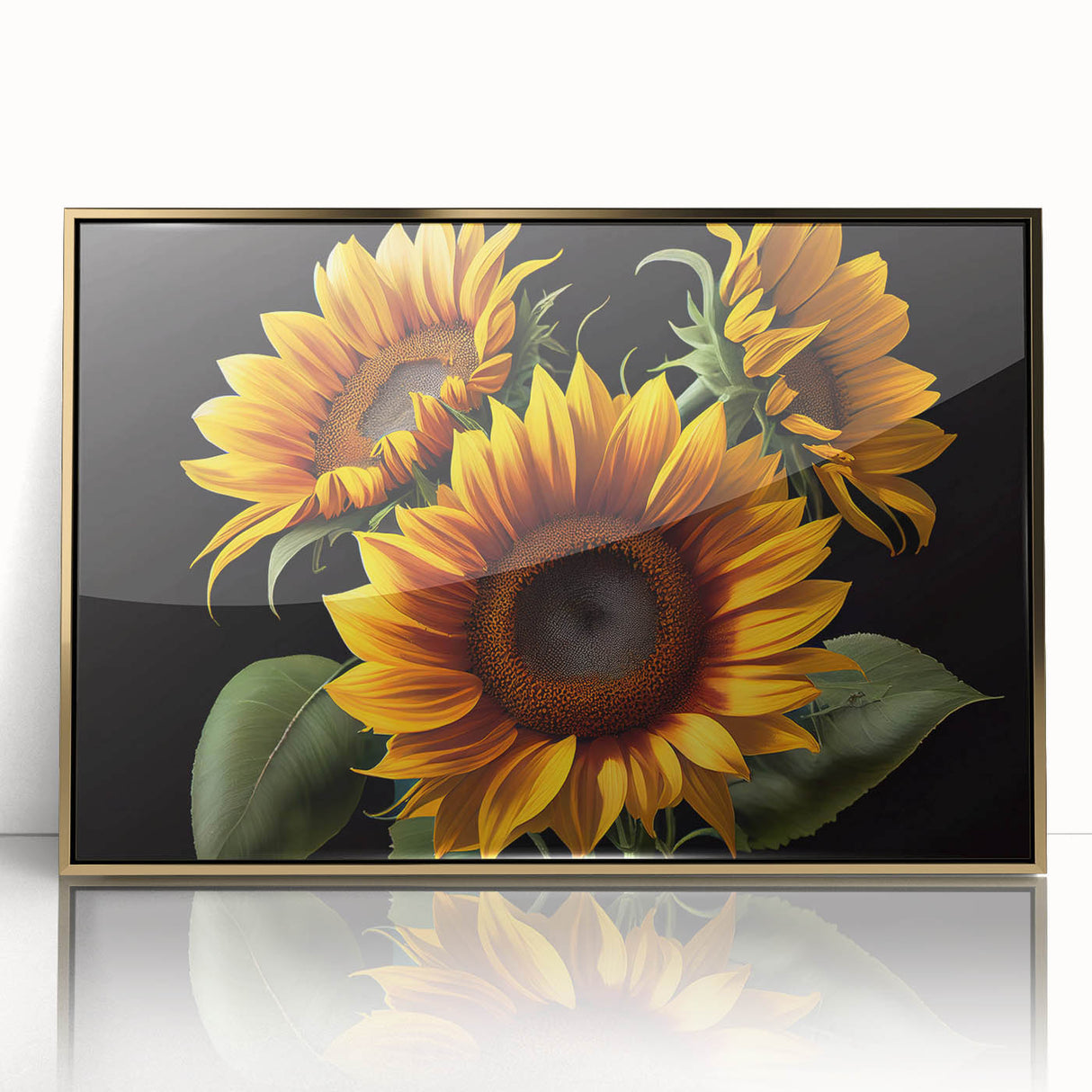 Framed botanical wall art featuring a vibrant sunflower design with a gold-accented frame, perfect for brightening up any living space or office decor. This elegant piece highlights the intricate details and colors of the sunflower, making it an ideal addition to nature-themed interior designs.