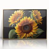Framed botanical wall art featuring a vibrant sunflower design with a gold-accented frame, perfect for brightening up any living space or office decor. This elegant piece highlights the intricate details and colors of the sunflower, making it an ideal addition to nature-themed interior designs.