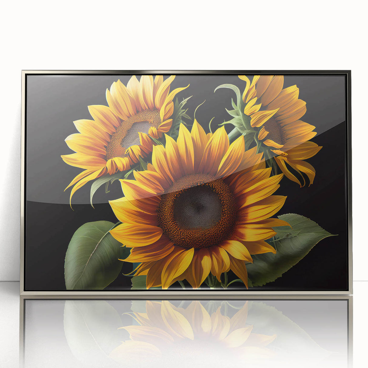 Framed wall art featuring a vibrant botanical sunflower design, highlighted by a sleek silver frame and acrylic front, perfect for any modern decor.