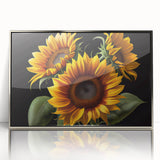 Framed wall art featuring a vibrant botanical sunflower design, highlighted by a sleek silver frame and acrylic front, perfect for any modern decor.