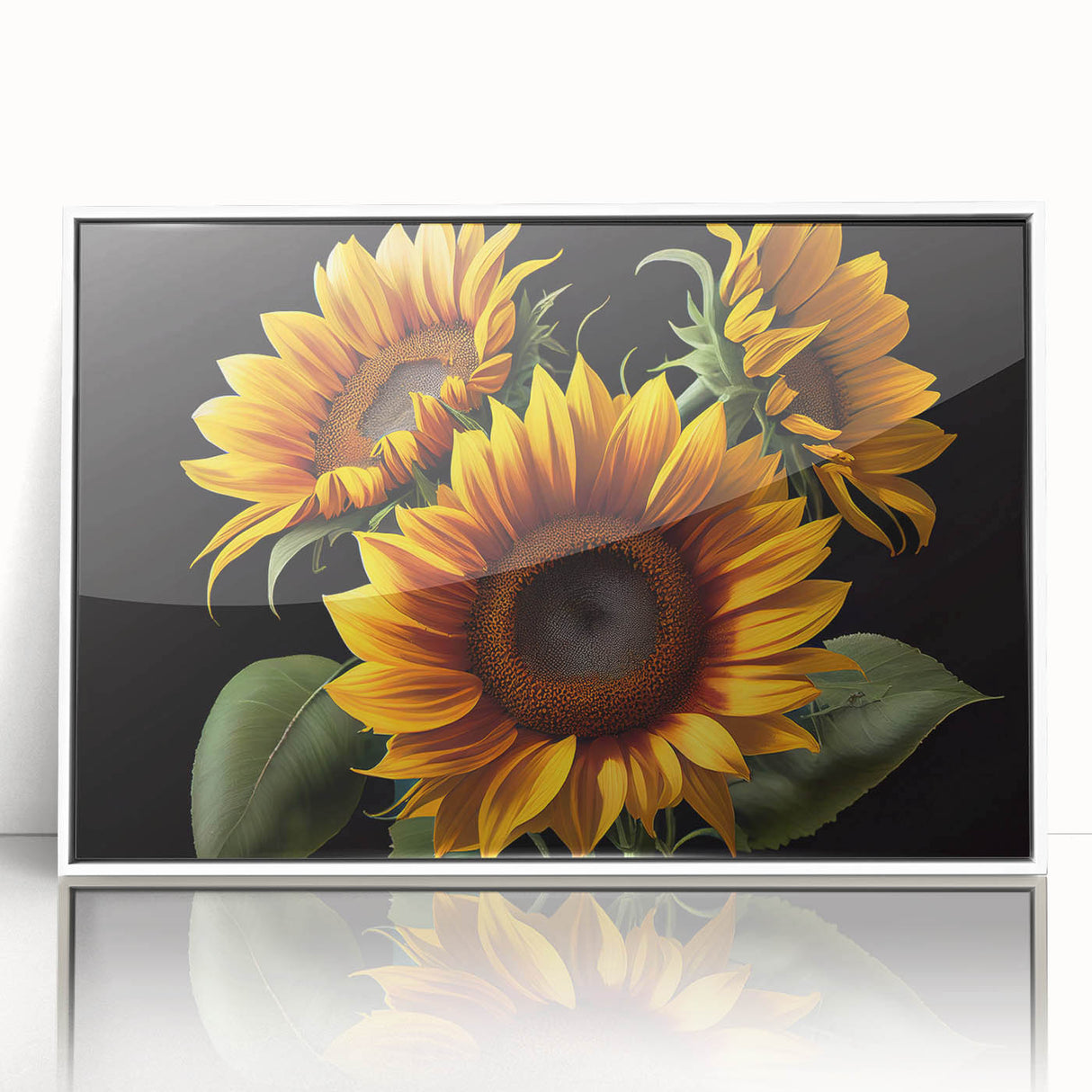 Framed wall art featuring a vibrant botanical sunflower design, set in a sleek white frame, ideal for adding a cheerful touch to home decor.