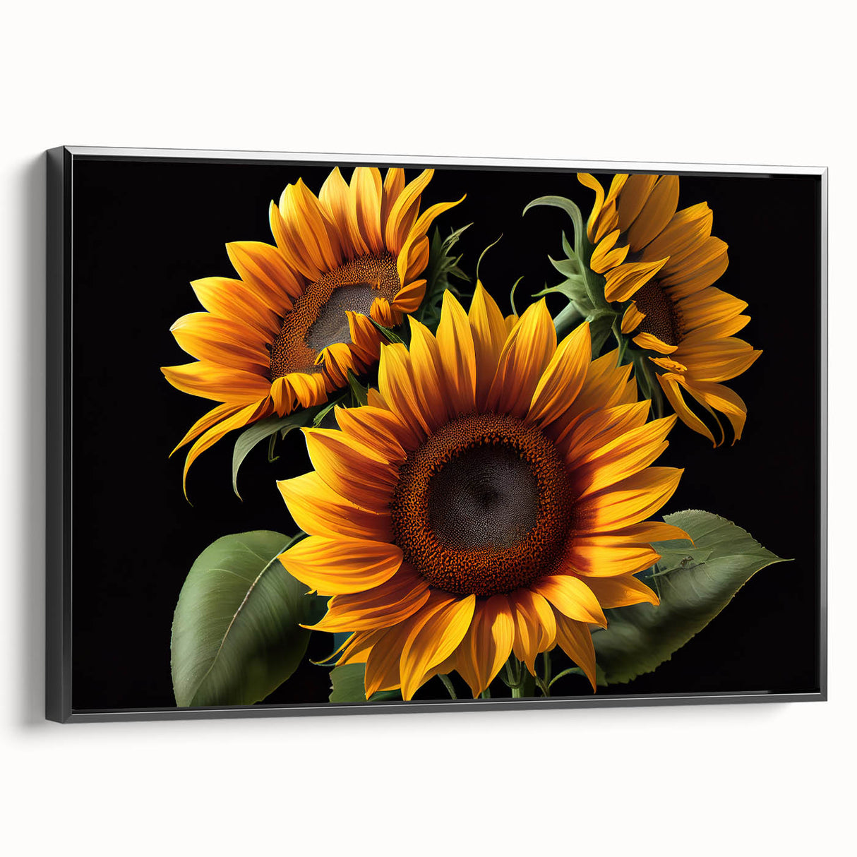 Framed canvas wall art featuring a vibrant botanical sunflower design, showcasing rich yellow petals against a black background, ideal for home decor.
