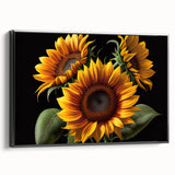 Framed canvas wall art featuring a vibrant botanical sunflower design, showcasing rich yellow petals against a black background, ideal for home decor.