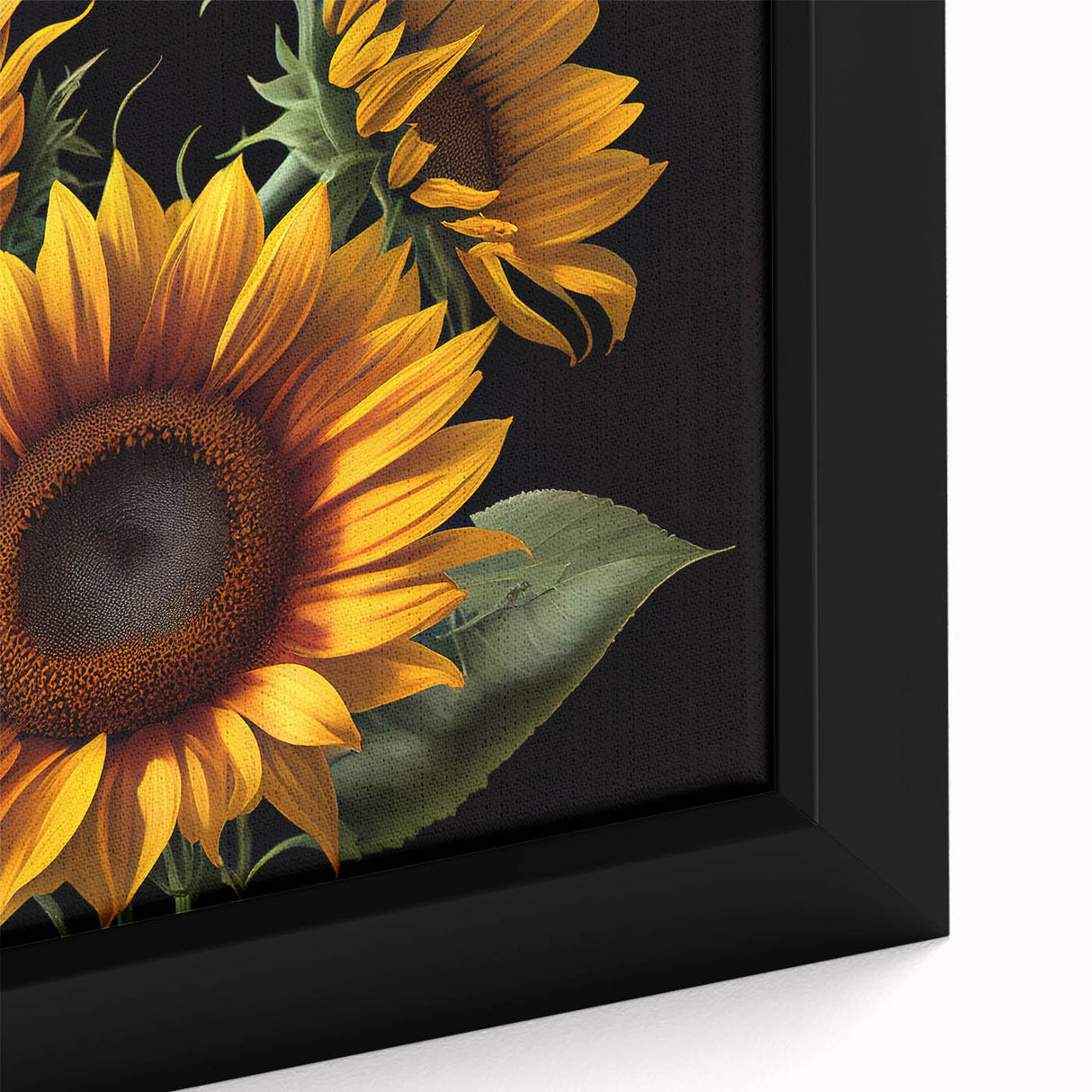 Close-up of a framed canvas wall art featuring a vibrant botanical sunflower design, showcasing intricate details and rich colors, perfect for home decor enhancement.